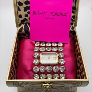 Betsey Johnson Crystal Bracelet Watch Wide Gold Tone Needs Battery